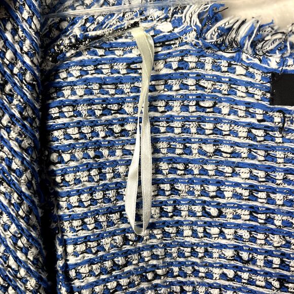 Kasper Sz L Open Cardigan Sweater Cabana Blue White Black Seed Stitch Fringe - Picture 6 of 12